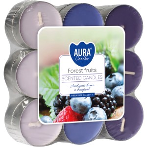 Duftkerzen Waldfrüchte, 18er-Pack Teelichter in Lila-, Blau- und Lilatönen.
