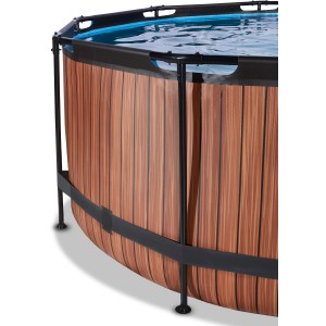 Detailansicht des runden EXIT Wood Pools Ø360x122cm mit Holzoptik und Stahlrahmen.