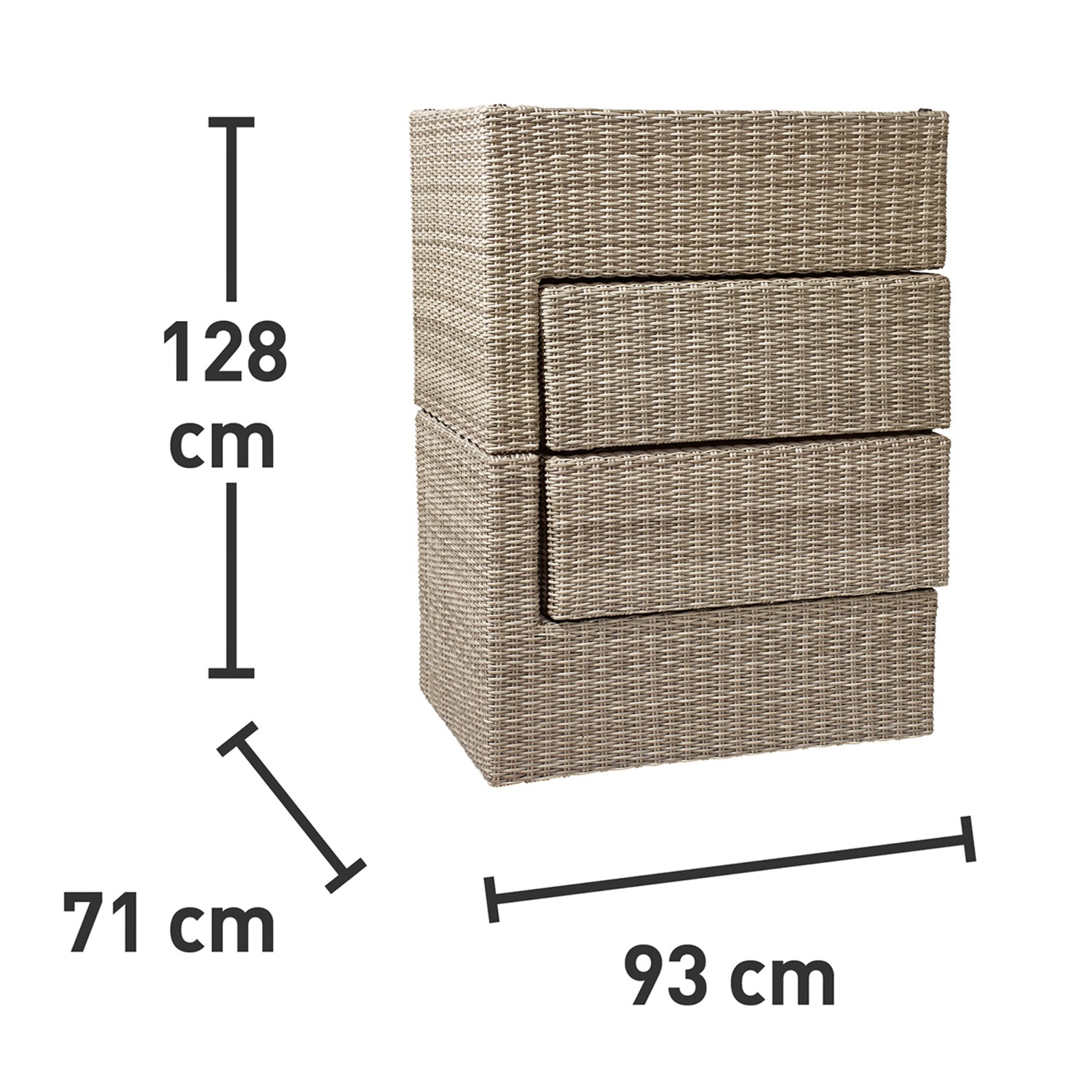 Stapel der Lounge-Set Olea Elemente aus Polyrattan in Sand mit Maßangaben.