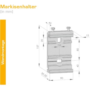 Technische Zeichnung: Markisenhalterung mit Maßangaben für Wandmontage.