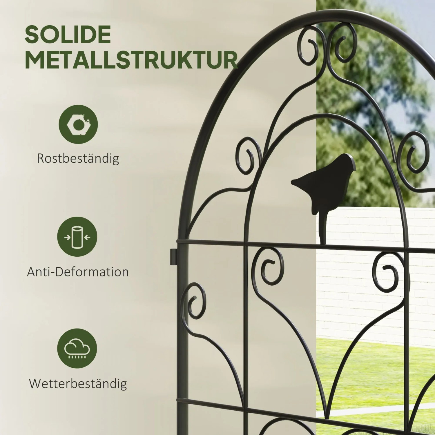 Detailaufnahme: Schwarzes Outsunny Rankgitter 2er Set aus Metall mit Vogelmotiv als Rankhilfe.