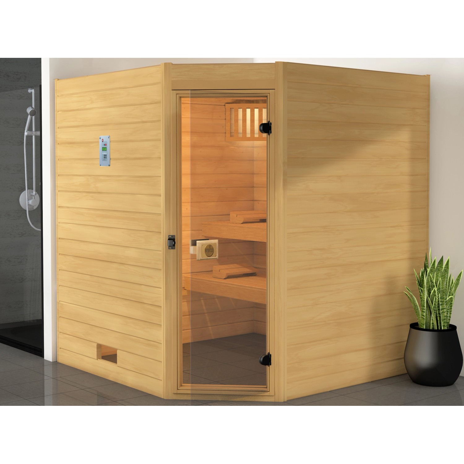 Weka Massivholzsauna 38 mm Valida ECK 3 mit Glastür