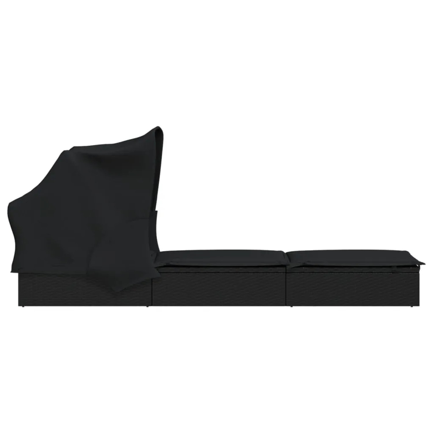 Schwarze vidaXL Sonnenliege mit Faltdach aus Poly Rattan, ideal für Garten und Terrasse.