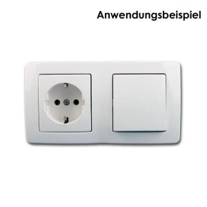 TEM EKONOMIK 2-fach Rahmen, waagerecht, weiß, mit Steckdose und Schalter als Anwendungsbeispiel.