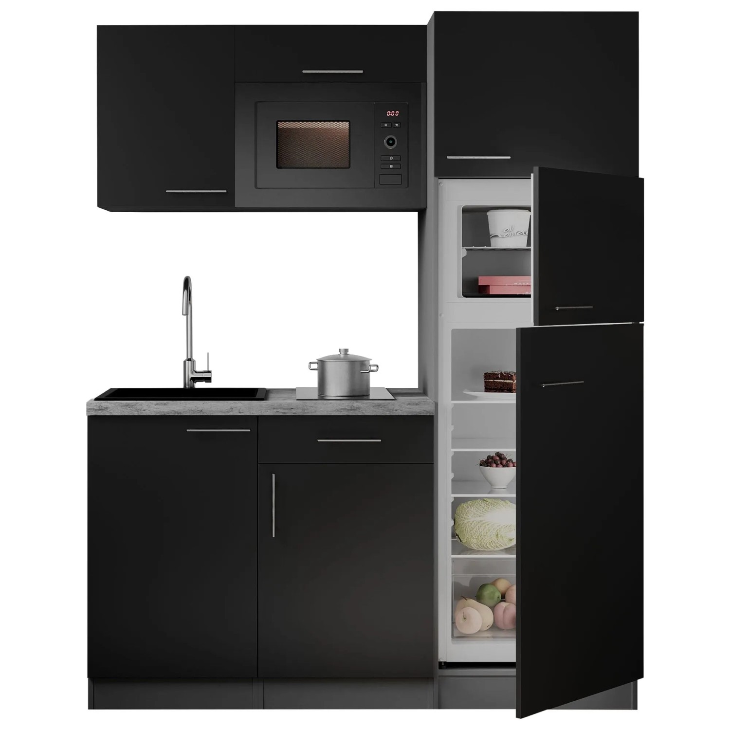 Respekta Singleküche Oliver 160 cm Schwarz Seidenglanz mit Mikrowelle