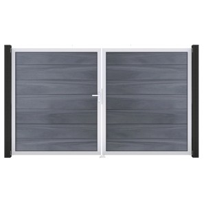 GroJa Steckzaun Tor Grande, DIN links, steingrau, co-extrudiert. 2-flügelig mit Beschlagset und Aluminiumrahmen.