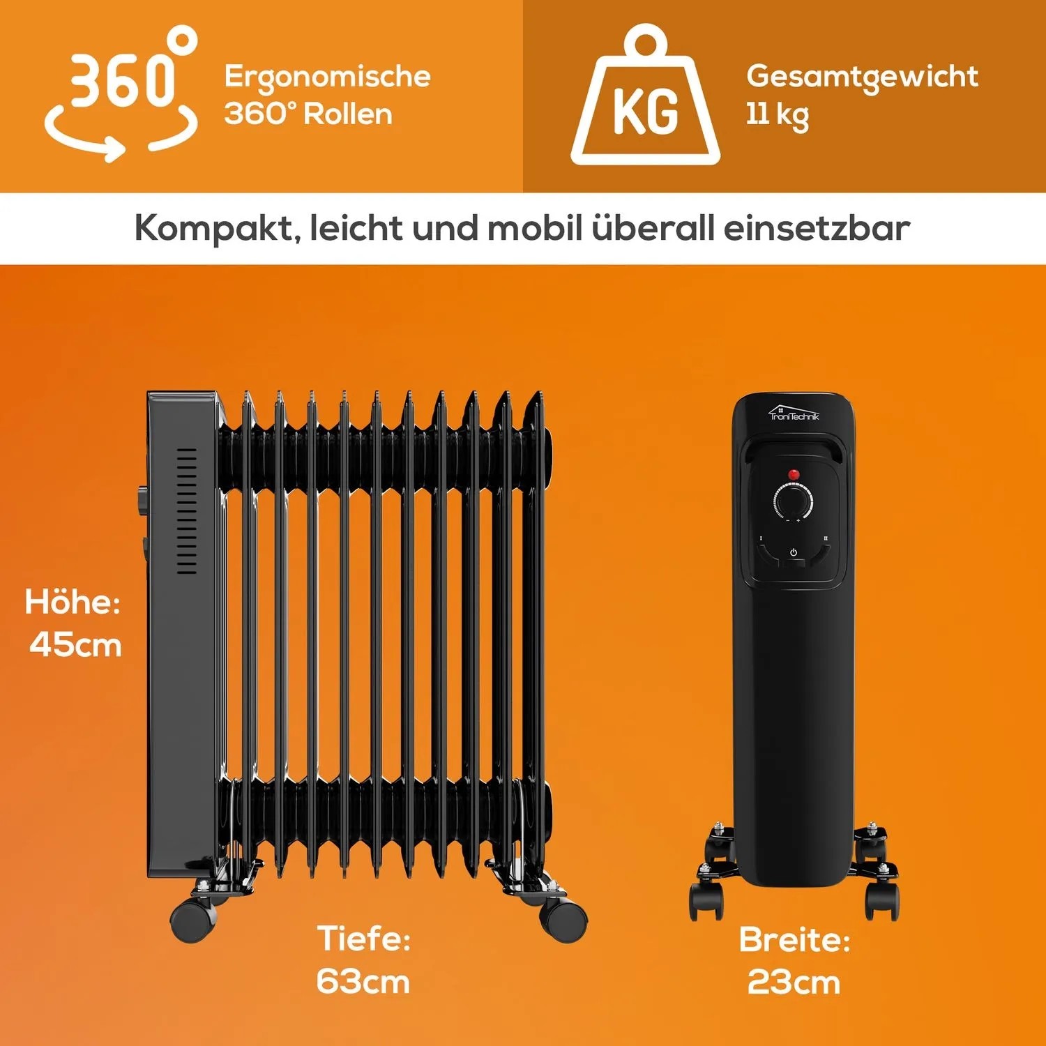 Schwarzer TroniTechnik Ölradiator TT OR 211 mit 11 Rippen und drei Heizstufen auf Rollen.
