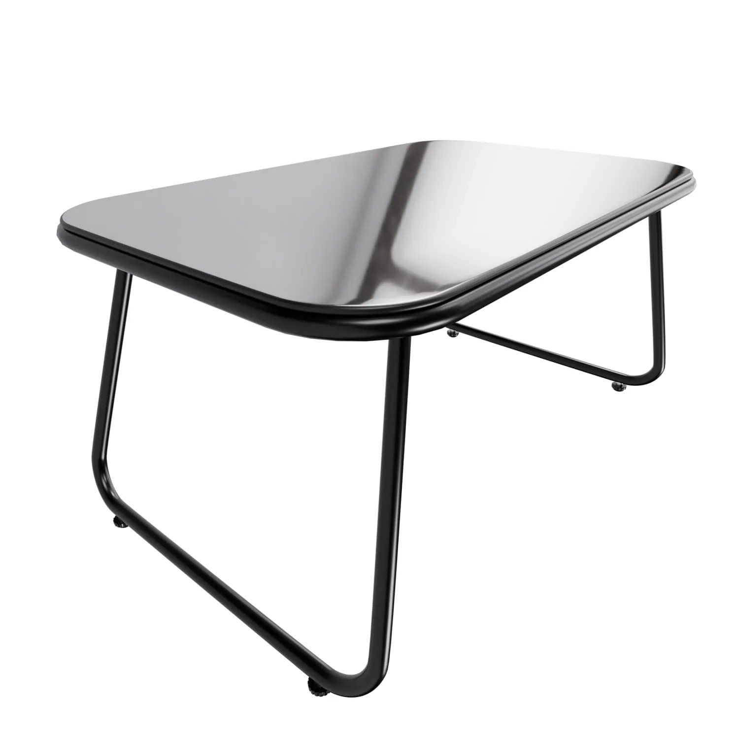 Glastisch des GARMIO Polyrattan Gartenmöbel Sets mit schwarzem Metallgestell.
