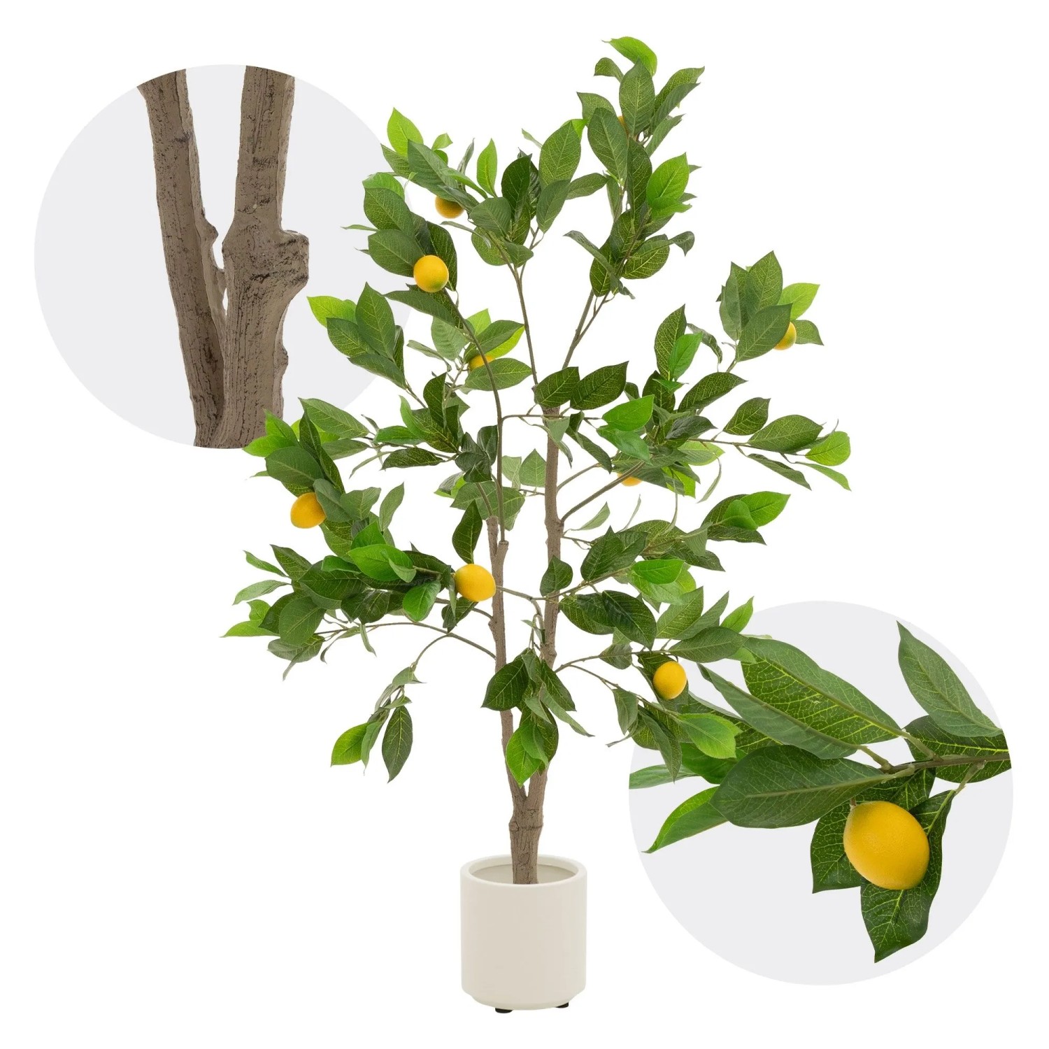 Realistische Kunstpflanze Zitronenbaum 130 cm mit grünen Blättern, gelben Früchten im weißen Topf.