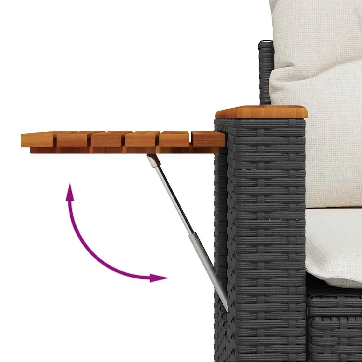 Detailansicht: Schwarze Rattan Garten-Sofagarnitur mit ausklappbarem Akazienholz-Tisch.