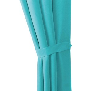 Türkiser Dekoschal Ellen im 2er Set mit Schlaufe und Raffhalter. Blickdichter Fenstervorhang.