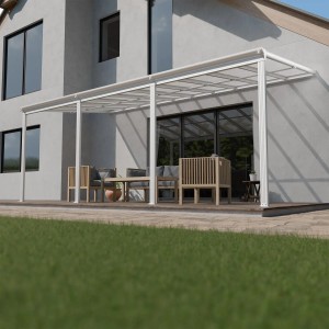 Weißes Juskys Terrassendach Borneo 6x3m mit transparenten Doppelstegplatten und Sitzgruppe.