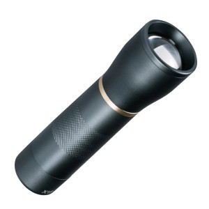 Schwarze LED's Work Taschenlampe, dimmbar und zoombar, mit goldfarbenem Ring.