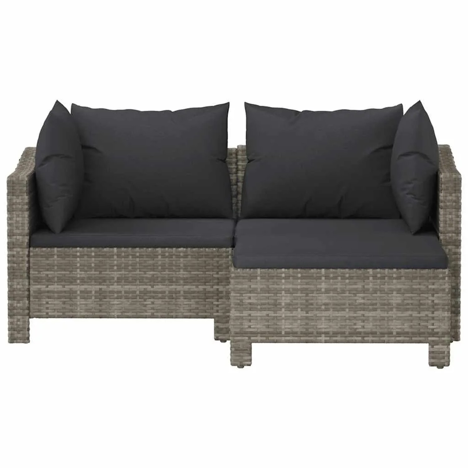 Graues 3-tlg. vidaXL Garten-Lounge-Set aus Poly Rattan mit dunklen Kissen.