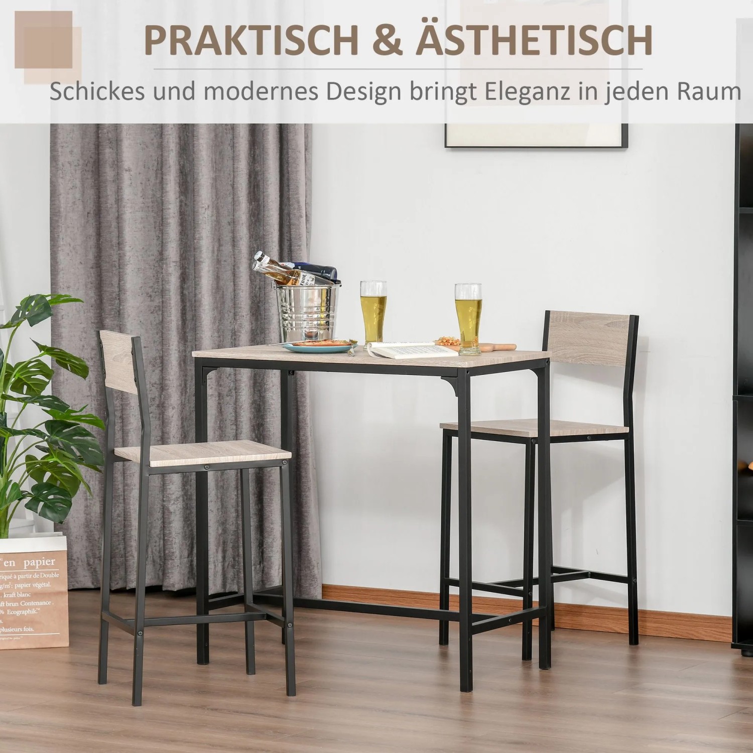 HOMCOM Bartisch-Set mit rechteckigem Tisch und 2 Barhockern. Naturfarbene MDF-Platten, schwarzes Metallgestell. Modernes Design.