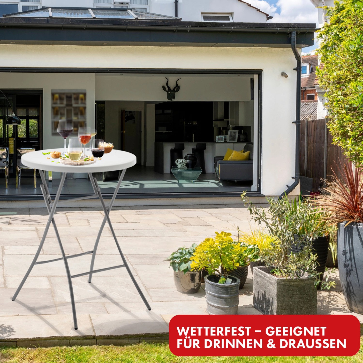 KARAT Klapptisch Nagano, runder, weißer Gartentisch/Stehtisch, wetterfest und platzsparend.