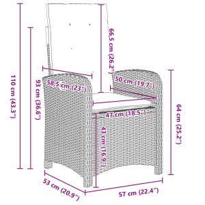 vidaXL Garten Essgruppe, 7-teilig, schwarz, Poly Rattan, Maße des Stuhls sind dargestellt.