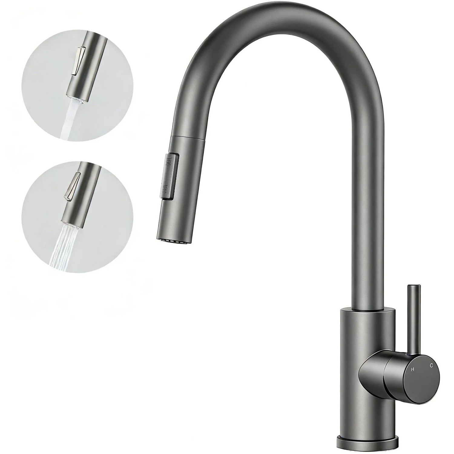 AICA Küchenarmatur Säulenbrause-Wasserhahn Küche Zwei Wasserauslassmodi Mischbatterie Ausziehbar 360° Drehbar Einhand-Spültischarmatur Gunmetal Grey