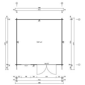 Grundriss Gartenhaus Valeria-28, 428x427 cm, Holz-Gartenhaus mit Maßen und Fenster/Tür-Positionen.