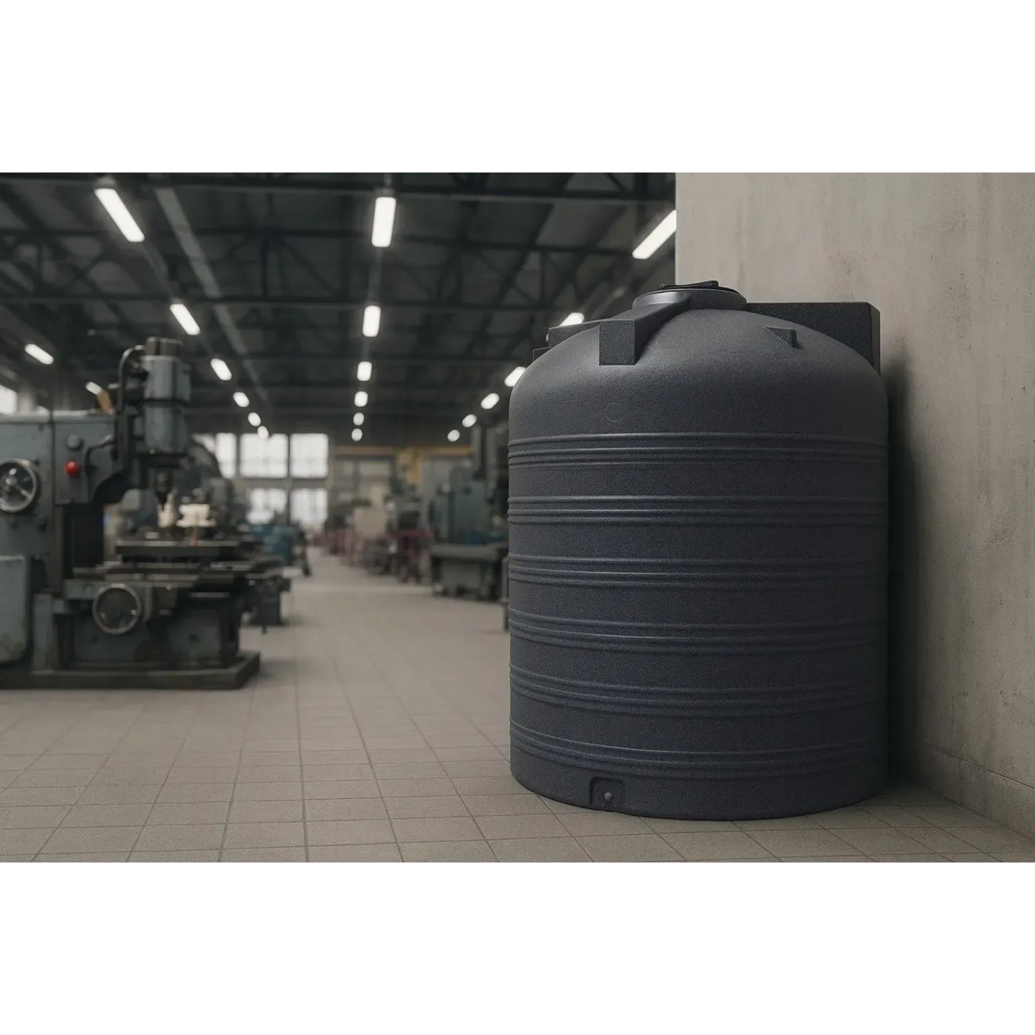 Dunkelgrauer KMND 5000L Trinkwasser Wassertank aus Polyethylen mit Rippen, in Industriehalle. Ideal für Regenwasser.