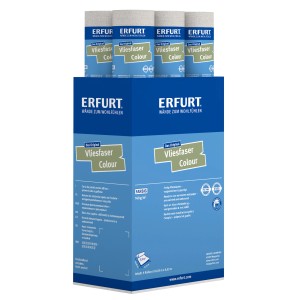 Erfurt Vliesfaser Colour 302-1 Hellgrau, Rollen auf einer Verkaufsverpackung.