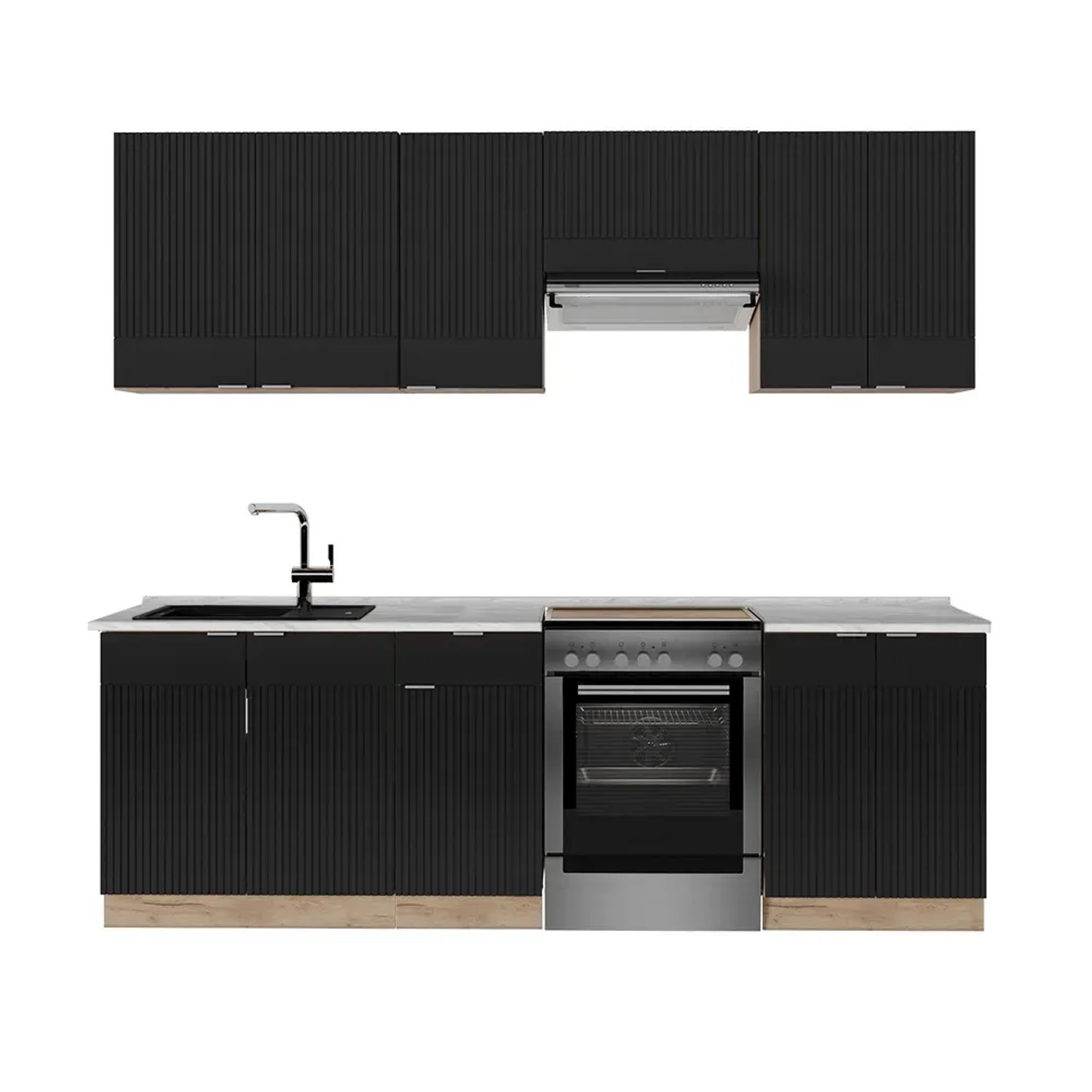 Vicco Fame-Line Komplettküche Schwarz gestreift/Goldkraft Eiche 240 cm AP Marmor ohne E-Geräte