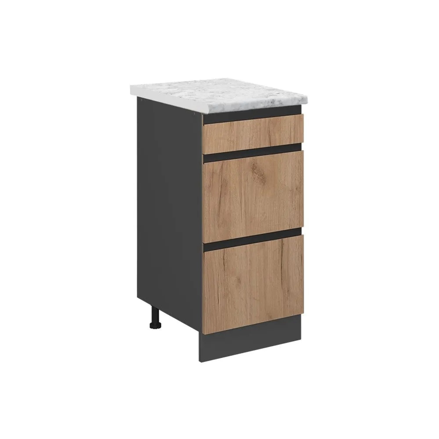 Vicco Schubladenschrank R-Line Schubladenschrank für die Küche Goldkraft Eiche 40 cm J-Shape AP Marmor mit Anthrazit Korpus