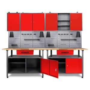 Ondis24 Werkbank Set Klaus, 240cm, mit roten Schränken, Lochwand und LED-Beleuchtung für die Werkstatteinrichtung.