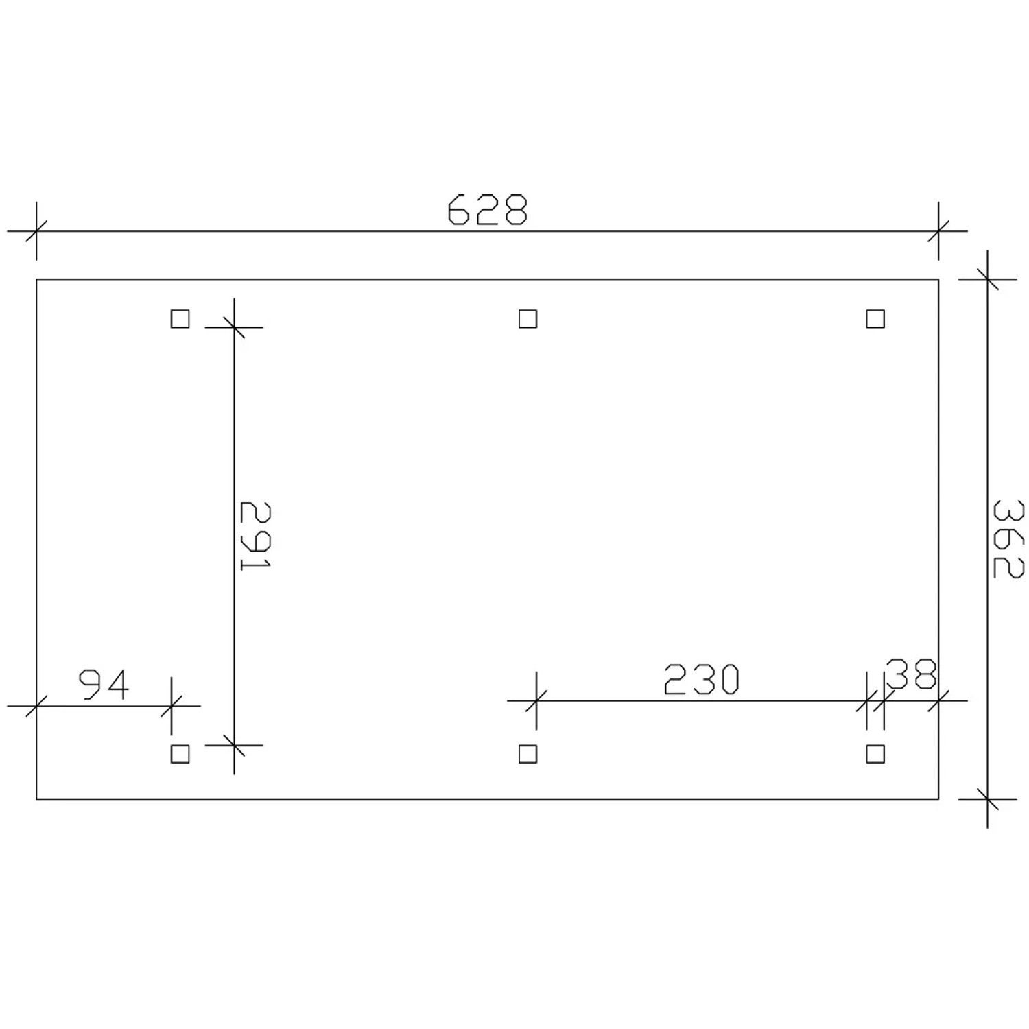 Skizze des Skan Holz Carport Wendland Eiche hell mit Maßangaben (362 x 628 cm).