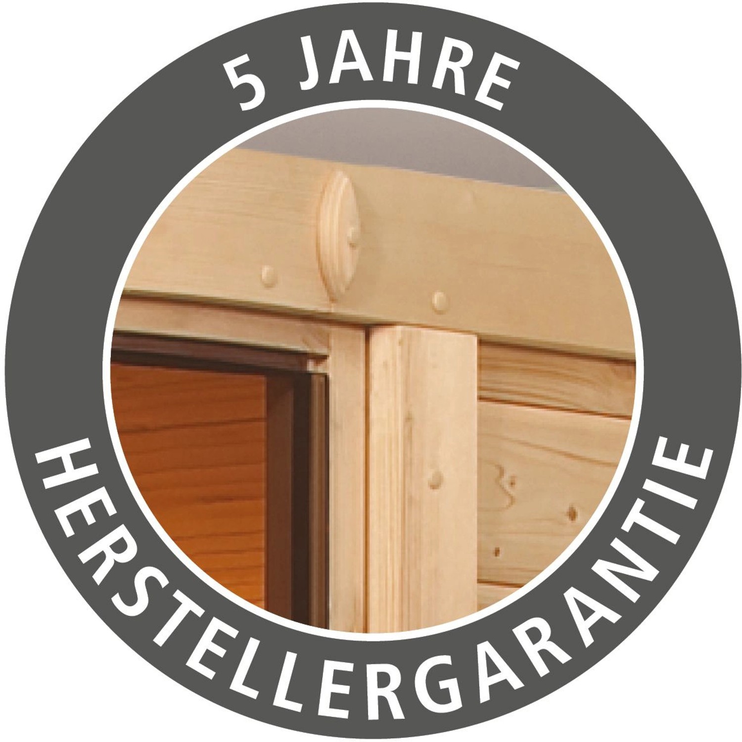 Detailaufnahme Karibu Sauna Horna: 5 Jahre Herstellergarantie auf Massivholzsauna mit Glastür.