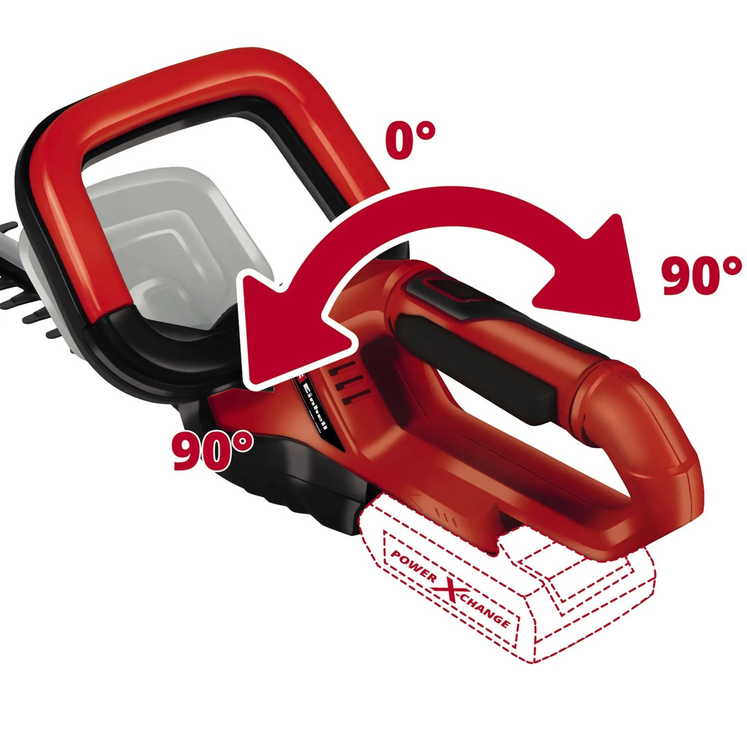 Einhell Akku-Heckenschere GC-HS 18 Li Kit mit drehbarem Handgriff und Akku.