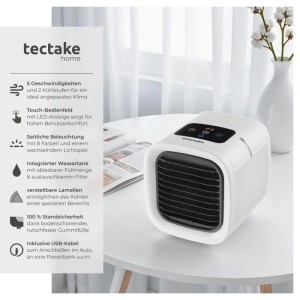Weißer Tectake 3in1 Luftkühler mit LED-Beleuchtung auf einem Tisch. Kompaktes Klimagerät für den Sommer.