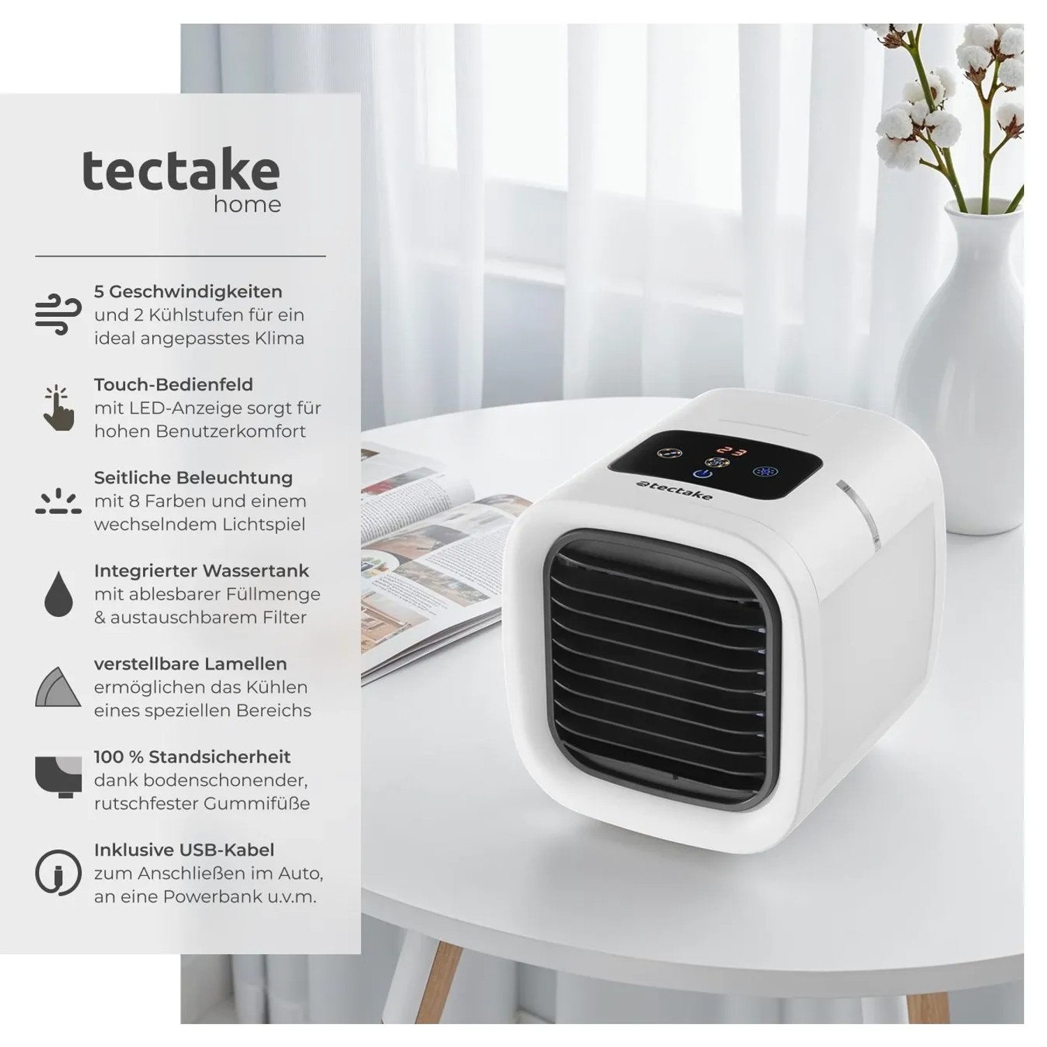 Weißer Tectake 3in1 Luftkühler mit LED-Beleuchtung auf einem Tisch. Kompaktes Klimagerät für den Sommer.