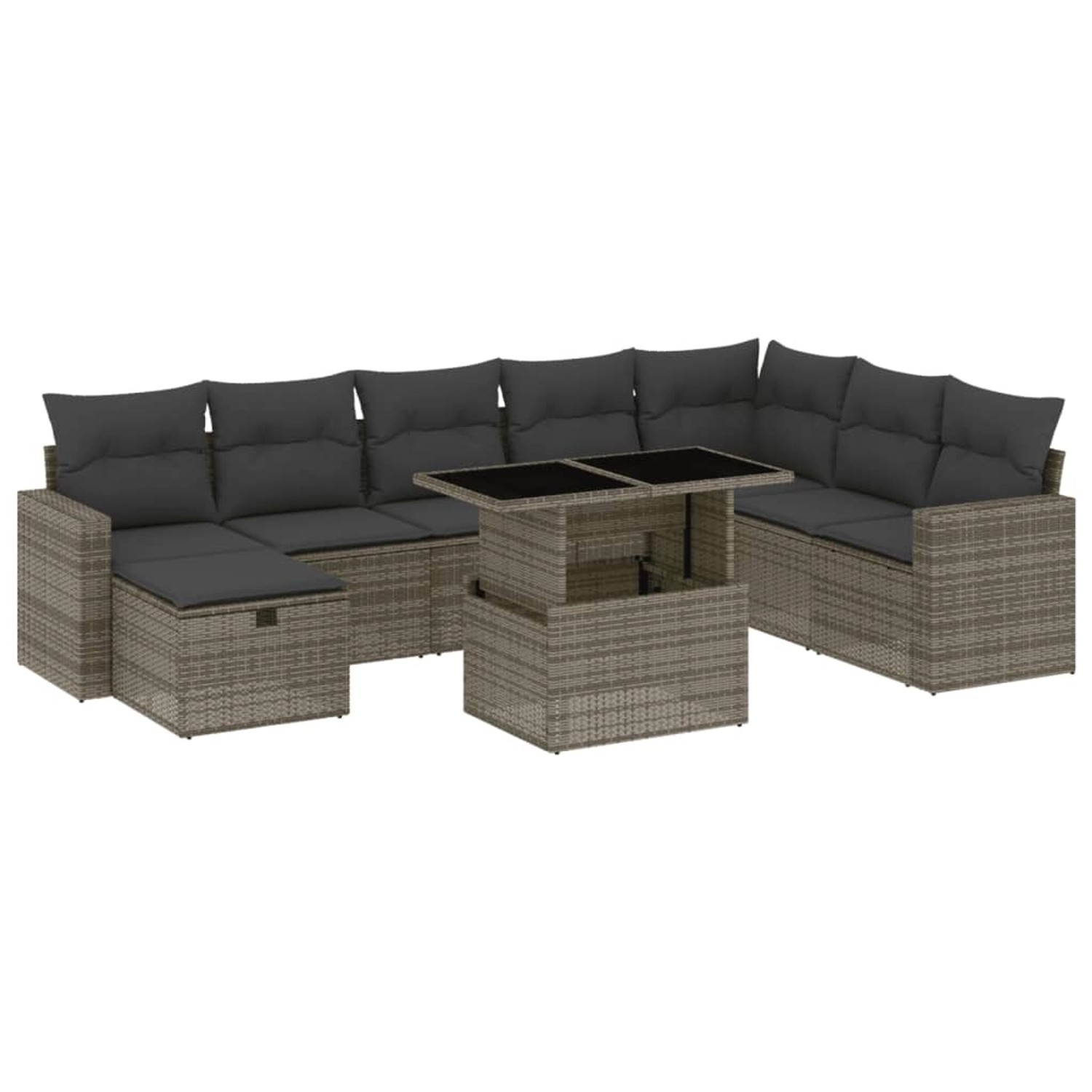 vidaXL 9-Tlg Garten-Sofagarnitur mit Kissen Grau Poly Rattan 3274870