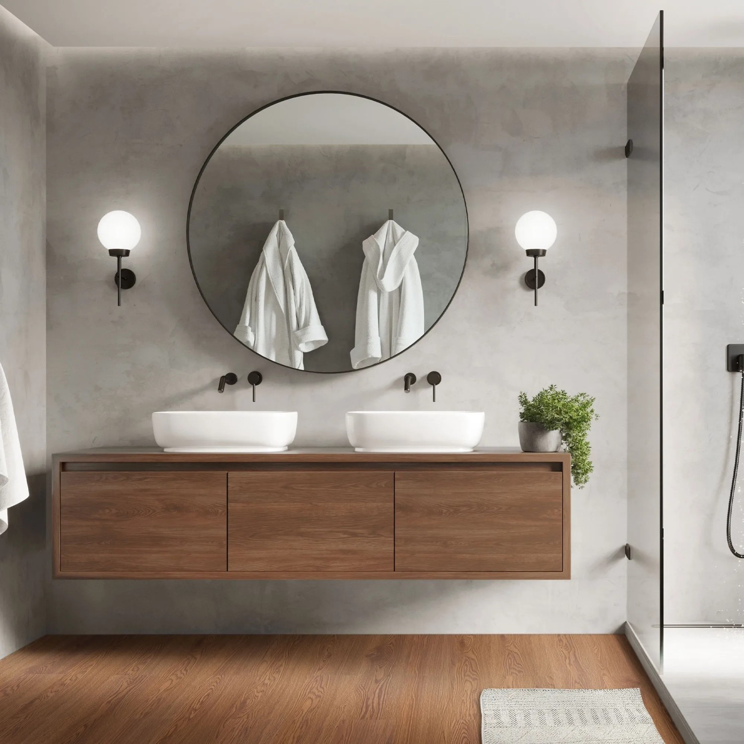 Bad mit ML-Design Vinylboden Roteiche braun, Waschtisch mit zwei Waschbecken und Spiegel.