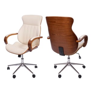 Proregal Bürostuhl HxBxT 109x63x64 cm Sitzhöhe 46cm Bugholz Walnuss-Optik Kunstleder Creme Schreibtischstuhl Drehstuhl Chefsessel