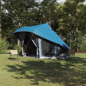 Blau-graues Familien-Tipi-Zelt von vidaXL mit Zubehör auf einer Wiese.