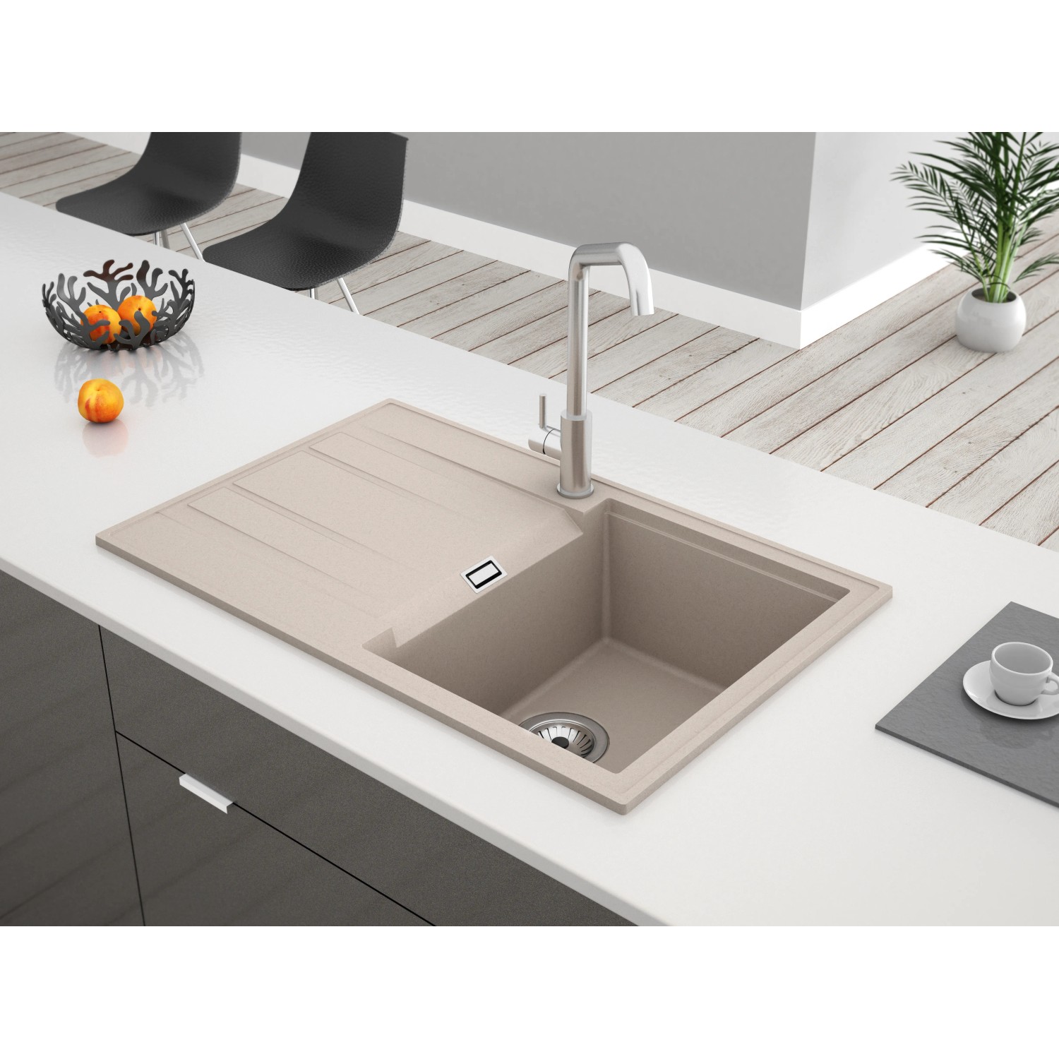 Miló Einbauspüle Piatto 78 in Sandbeige: Granitspüle mit Abtropffläche für moderne Küchen.
