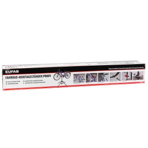 Verpackung des Eufab Fahrrad-Montageständer Profi mit Abbildungen des Produkts.