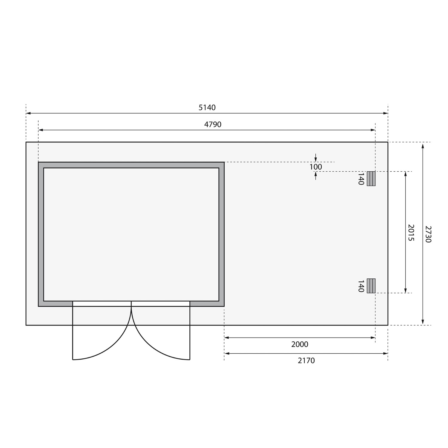 Grundriss Karibu Holz-Gartenhaus Ängelholm: Maße und Details des unbehandelten Pultdach-Gartenhauses.