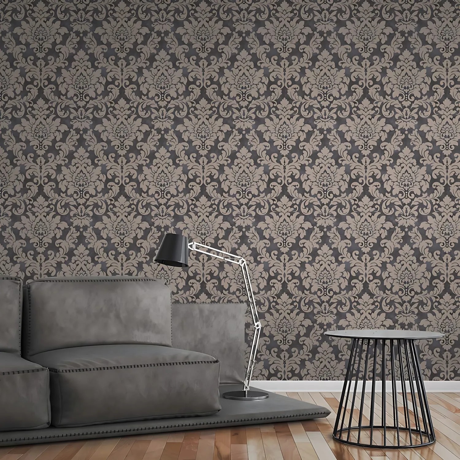 Barock Tapete in Schwarz, Silber und Beige mit Glitzer-Effekt von PROFHOME.
