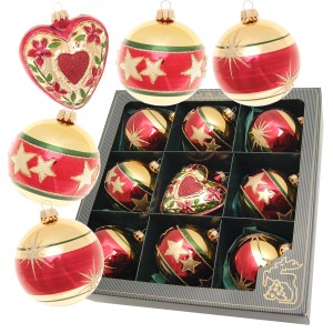 9-teiliges Weihnachtsbaumkugelset Xmas Night von Krebs Glas Lauscha, gold/bordeaux, mit Herz und Sternen.