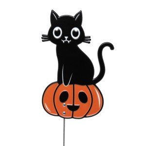 Gartenstecker: schwarze Katze auf orangefarbenem Kürbis aus Metall. Herbst- & Halloween-Deko für Garten.