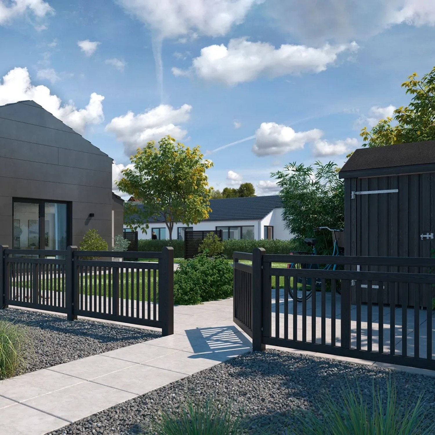 Schwarzes Nadelholz Gartentor Linea, 150x80 cm, im modernen Design mit Lattenzaun vor Häusern.