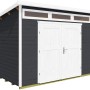 Modernes, anthrazitfarbenes Weka Gartenhaus 264 mit Pultdach und weißen Doppeltüren.