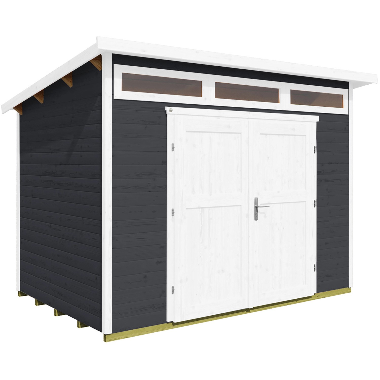 Modernes, anthrazitfarbenes Weka Gartenhaus 264 mit Pultdach und weißen Doppeltüren.