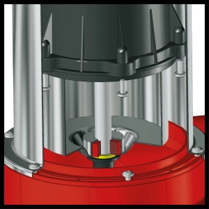 Detailaufnahme: Einhell GE-SP 4095 N-A LL ECO Klarwasserpumpe im Schnitt, rot/silber.