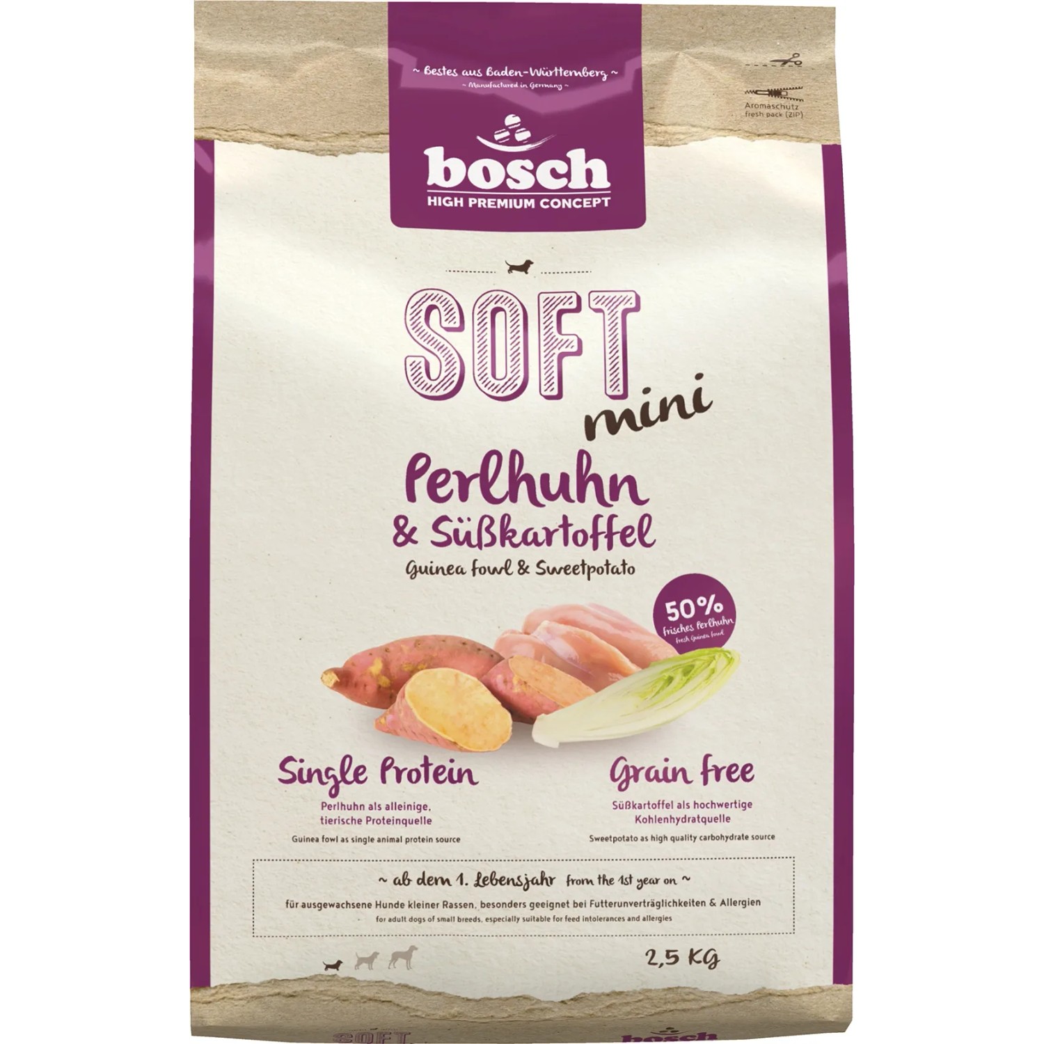 Bosch Pets Hunde-Trockenfutter Soft Mini Perlhuhn und Süsskartoffel 2,5 kg