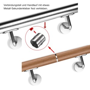 Edelstahl Handlaufverbinder gerade, silber, für Handläufe. Zeigt Montage mit Kleber an Metall- und Holzhandlauf. Robustes V2A-Material.