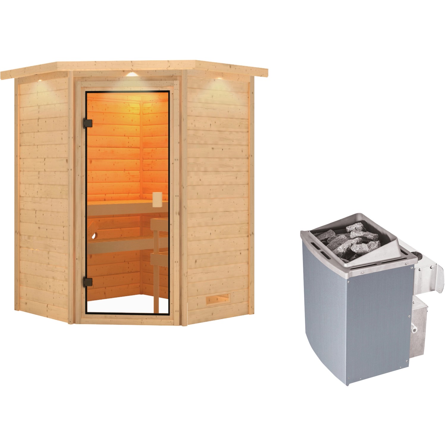 Woodfeeling Sauna Antonia inkl. 9 kW Ofen mit integr. Strg., LED-Dachkranz